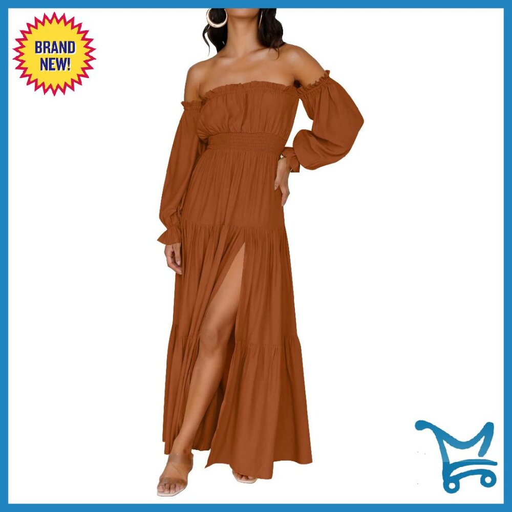 Long Sleeve Off Shoulder Maxi Dress Smocked Waist Flowy Tiered Split